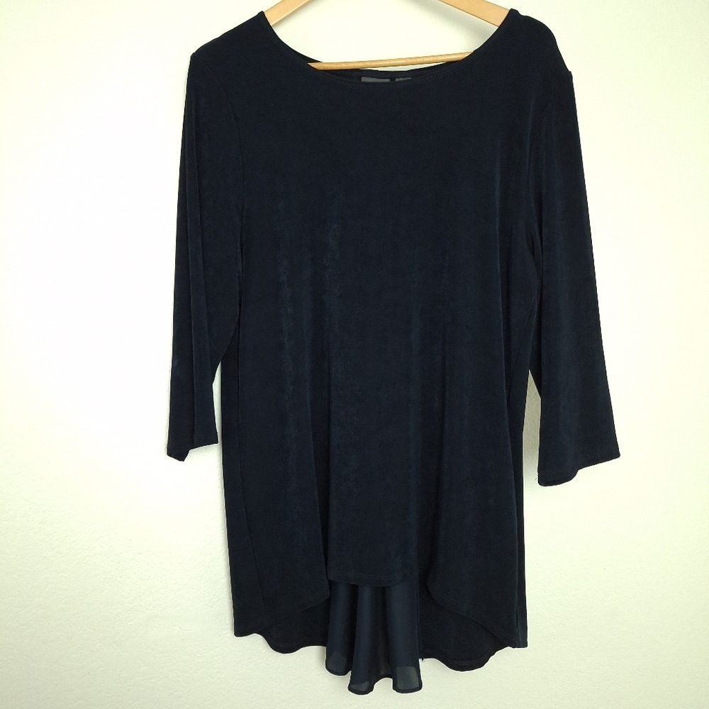 Chico's Travelers Dark Blue Boatneck Top with Sheer Inset